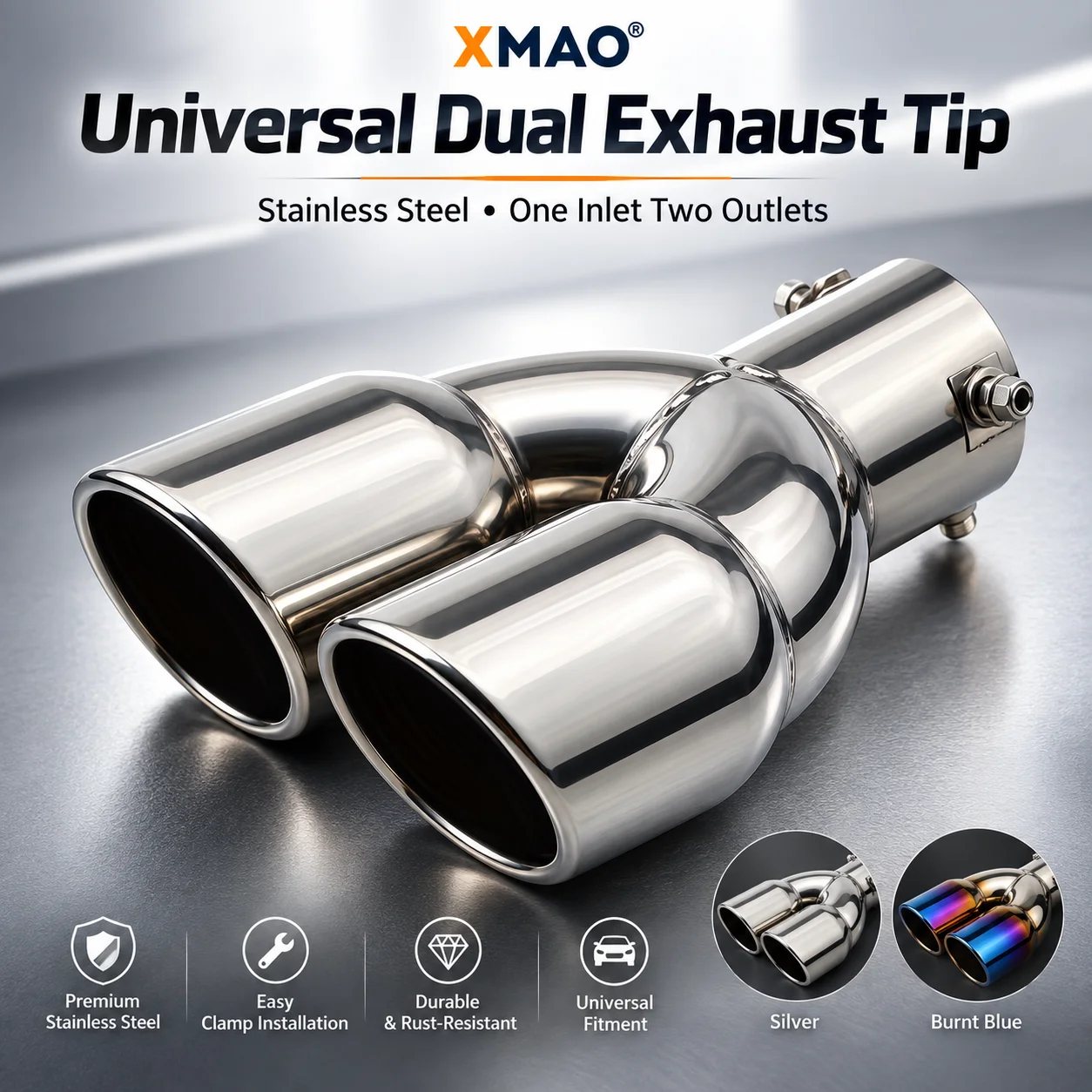 XMAO Thickened Stainless Steel Dual Exhaust Tip 63mm Inlet Universal Clamp-On Twin Outlet Muffler Tailpipe Tip for Car Styling
