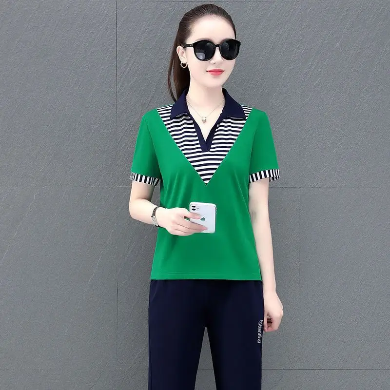 Summer New Polo Shirt Lapel Two-Piece Korean Casual Sports Suit Women's Short-Sleeved Trousers Two-Piece Suit