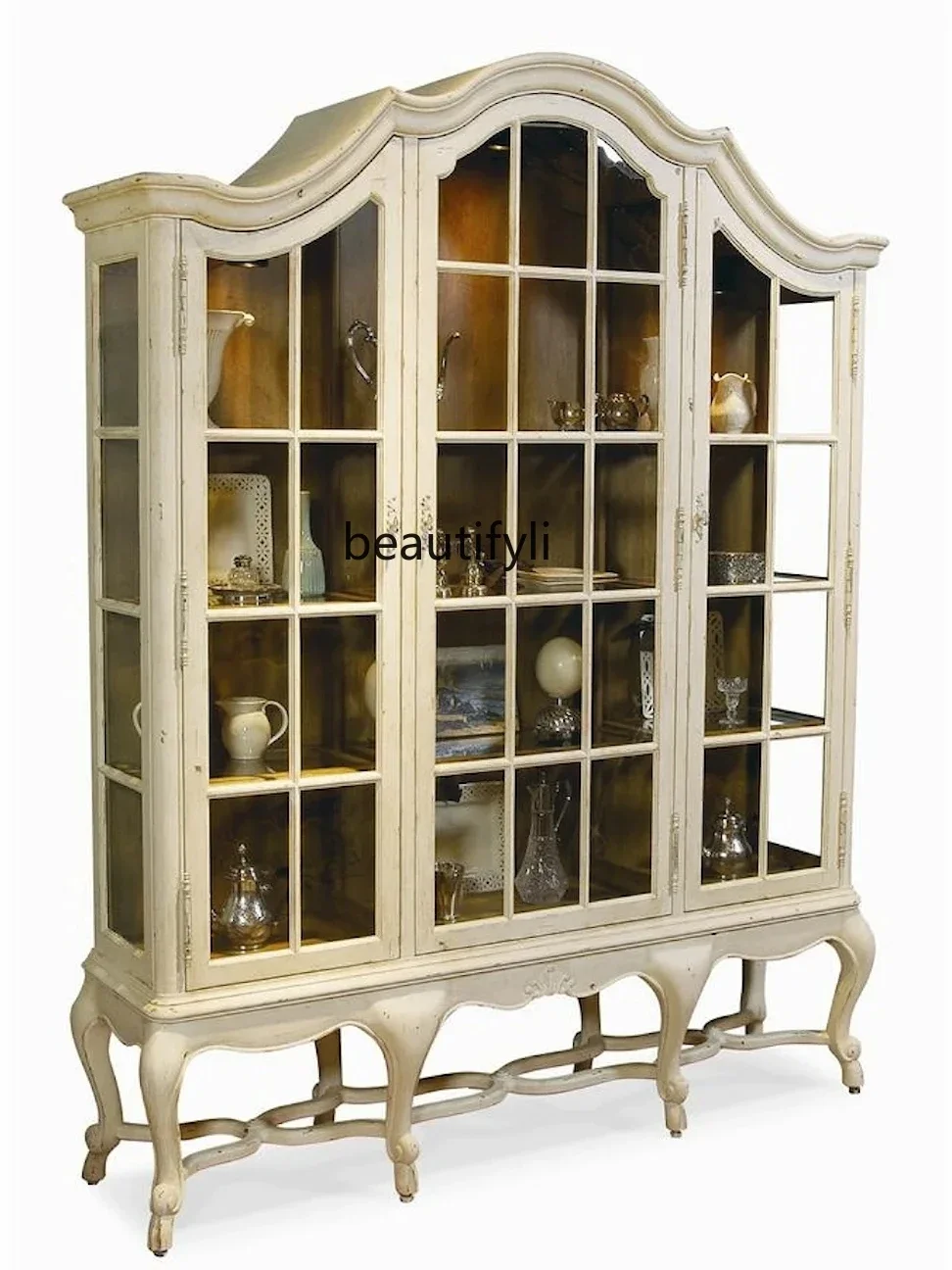 American French solid wood curved glass living room decorative cabinet retro display, carved carved bookcase