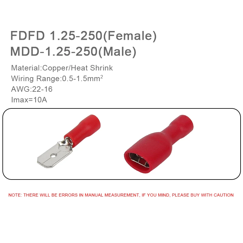 50pcs fdd/mdd 6.3mm端子赤青黄メス絶縁電気圧着端子コネクタ配線ケーブルプラグ