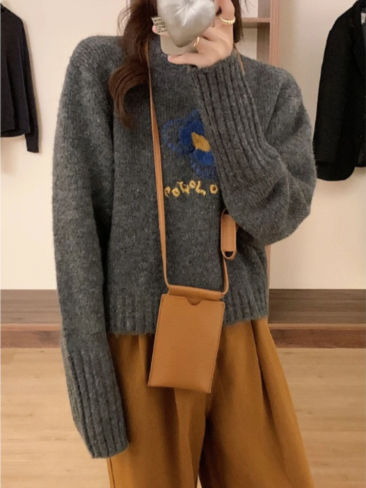 Korobov Autumn Winter Sweater New Thick Wool Thick Line Pullovers Embroidered Casual Knitwears Korean Fashion Roupas Feminina