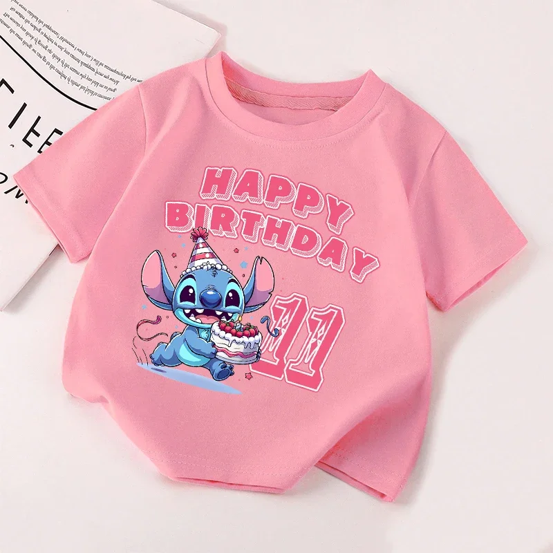 

Футболка на день рождения Disney Stitch для мальчиков и девочек, детская летняя одежда, детские топы с короткими рукавами с героями мультфильмов Kawaii, детская футболка, розовая одежда, подарок