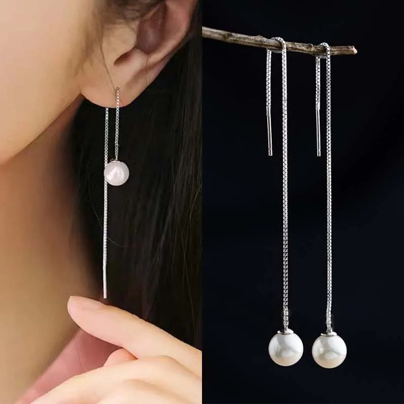 2023 New Fashion Silver Color Long Tassel Thread Chain Pearl Earrings for Women Stainless Steel Piercing Hanging Earring Jewelry