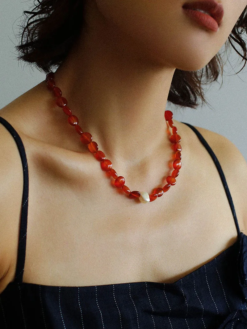 Brass  Natural Red Jade Freshwater Pearl Beads Necklace Women Jewelry Punk Designer Runway Rare Gown Boho Japan Korean