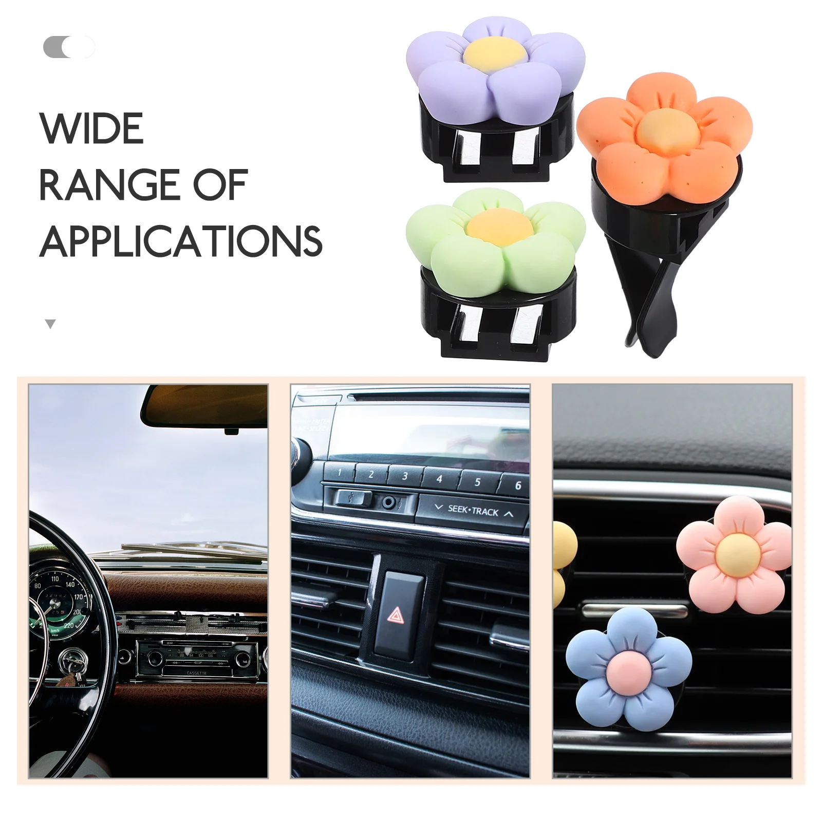 

3PCS Car Vent Clips Aromatherapy Air Freshener Flower Design Dashboard Decorations Green Orange Purple Replaceable Pads Car