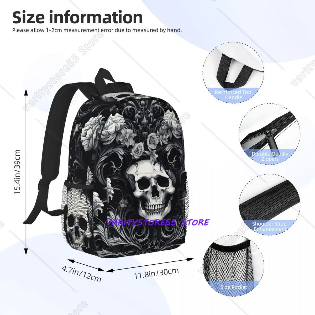 Skull Roses Damask Gothic Flowers Backpack Student Boys Girls BookBag Children School Bag Laptop Shoulder Bags for Men Women