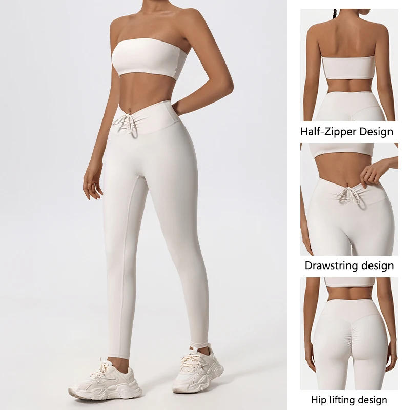 

Ctenkevet Summer Women's Breathable Yoga Set Female High Waist Drawstring Sports Suit 2ps Women Fitness Wear Strapless Bra Woman