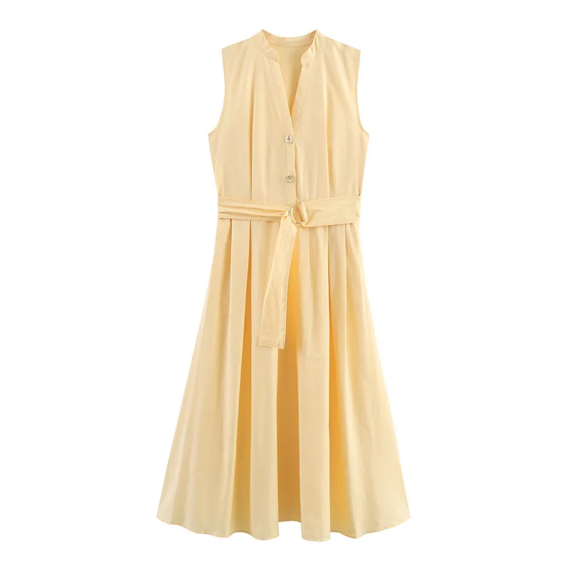 

Summer Women Dress With Belt Sleeveless Casual Pleated Midi Dresses Solid A Line Fashion Commuter Clothing Ladies Dress