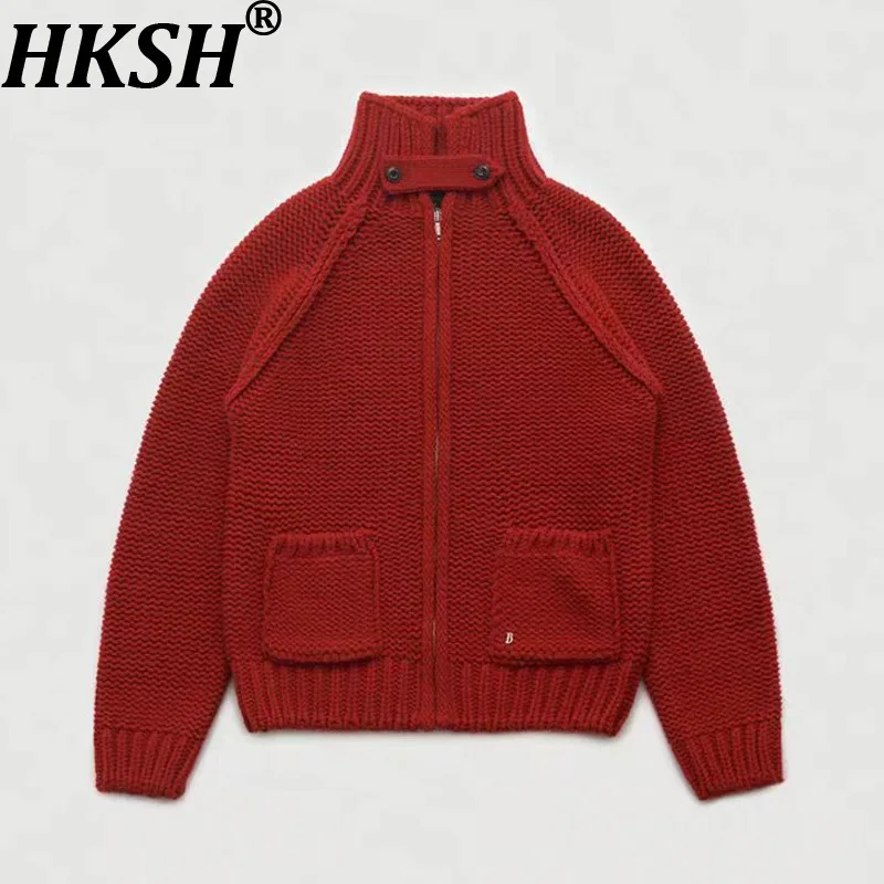 

HKSH Autumn Winter New Women Sweater Stand Collar Zipper Pockets Solid Color Versatile Elegant Trend Casual Knitted Tops HK17081