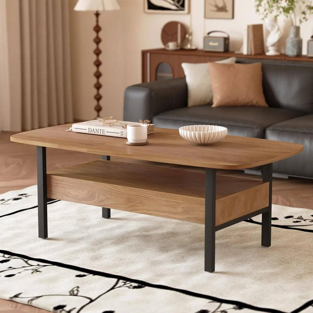 طاولة قهوة بأدراج ورف مفتوح، طاولة مركزية لغرفة المعيشة الحديثة مقاس 47 بوصة مع زوايا مستديرة، طاولة شاي للتخزين