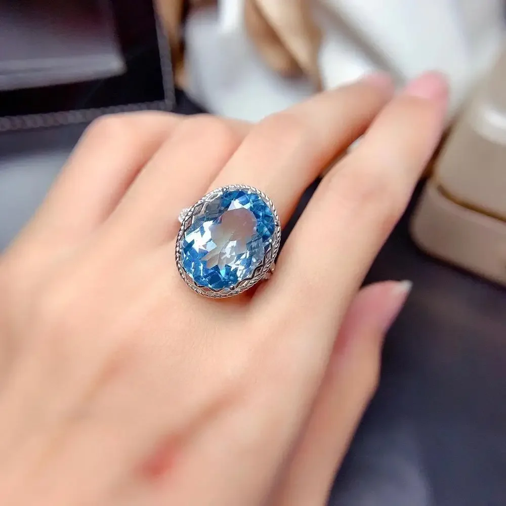 Blue Topaz Ring 16 Carats Sterling Silver Real Natural Genuine December Birthstone Jewelry luxury