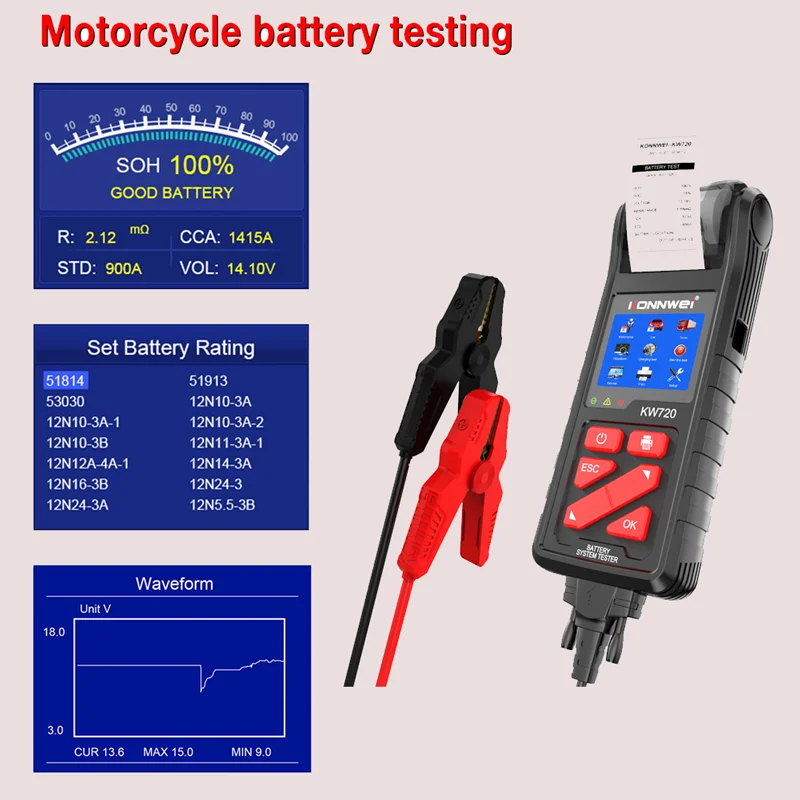 KONNWEI KW720 24V 12V 6V Battery Tester Analyzer Charging Cranking Test Tools For Car Motorcycle Truck with Integrated Printer