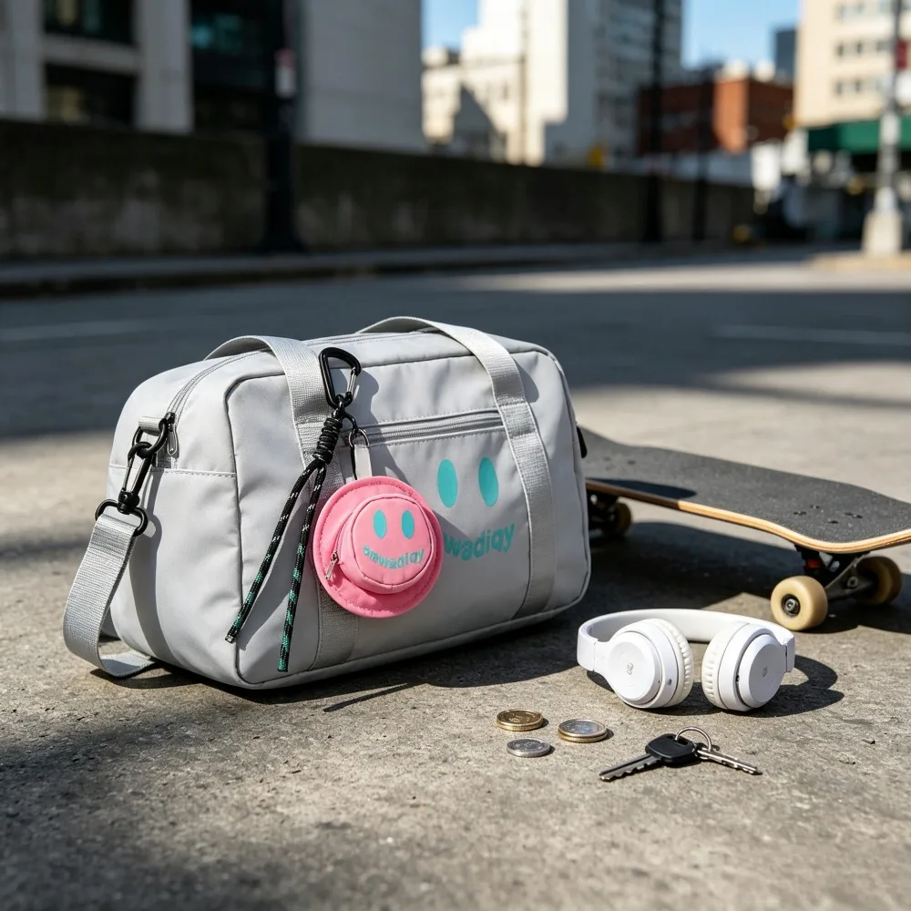 1 Pack Pink Cartoon Smiley Hanging Mini Zipper Pouch, 14×14cm Portable Coin Key Earphone Makeup Purse, Letter‑Print Small Change Storage Bag with Carabiner Braided Lanyard for Backpack School Travel