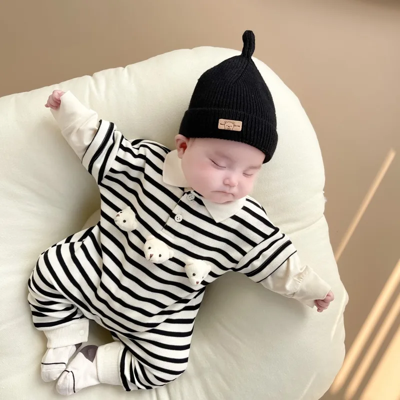 Newborn Striped Jumpsuit Comfortable Cute Bear Patterns Round Neck Spring Baby Cotton Crawling Suit 0-18Months Toddler Onesie