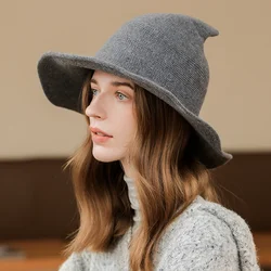 women modern witch hat men Along the sheep wool cap knitting fisherman hat Female fashion witch pointed basin bucket hat