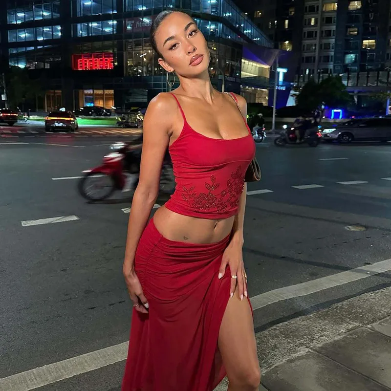 Matching Set Rhinestone Embellished Crop Tank Top Camisole and Mesh Bodycon Sheer Midi Skirt Spring Summer Sexy Two Piece Sets