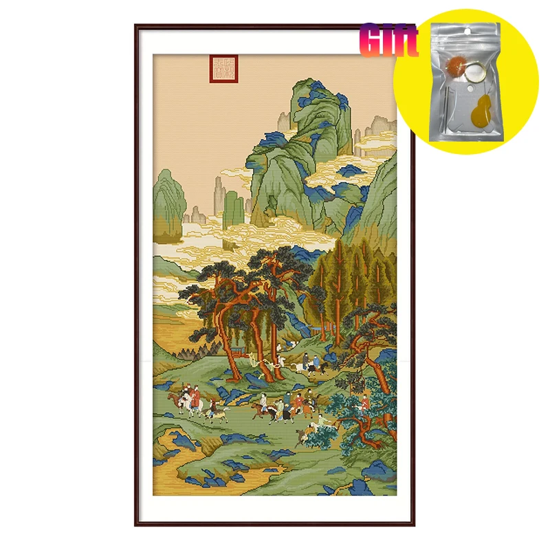 Chinese Style Retro Canvas DIY Cross Stitch Kits, 11CT Retro Landscape Decoration, Painting, Home Decor Gift for Mother