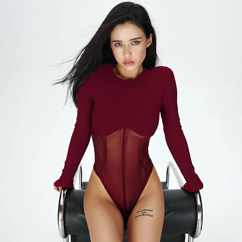 

round Ne See tough Waist Cinching Jumpsuit Women's Transparent Polyester Jumpsuit mid Waist Thin Nine Points Pants