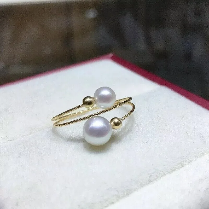 Stunning AAA + 6-5mm True Natural AKOYA White Round Adjustable Pearl Ring 18k-