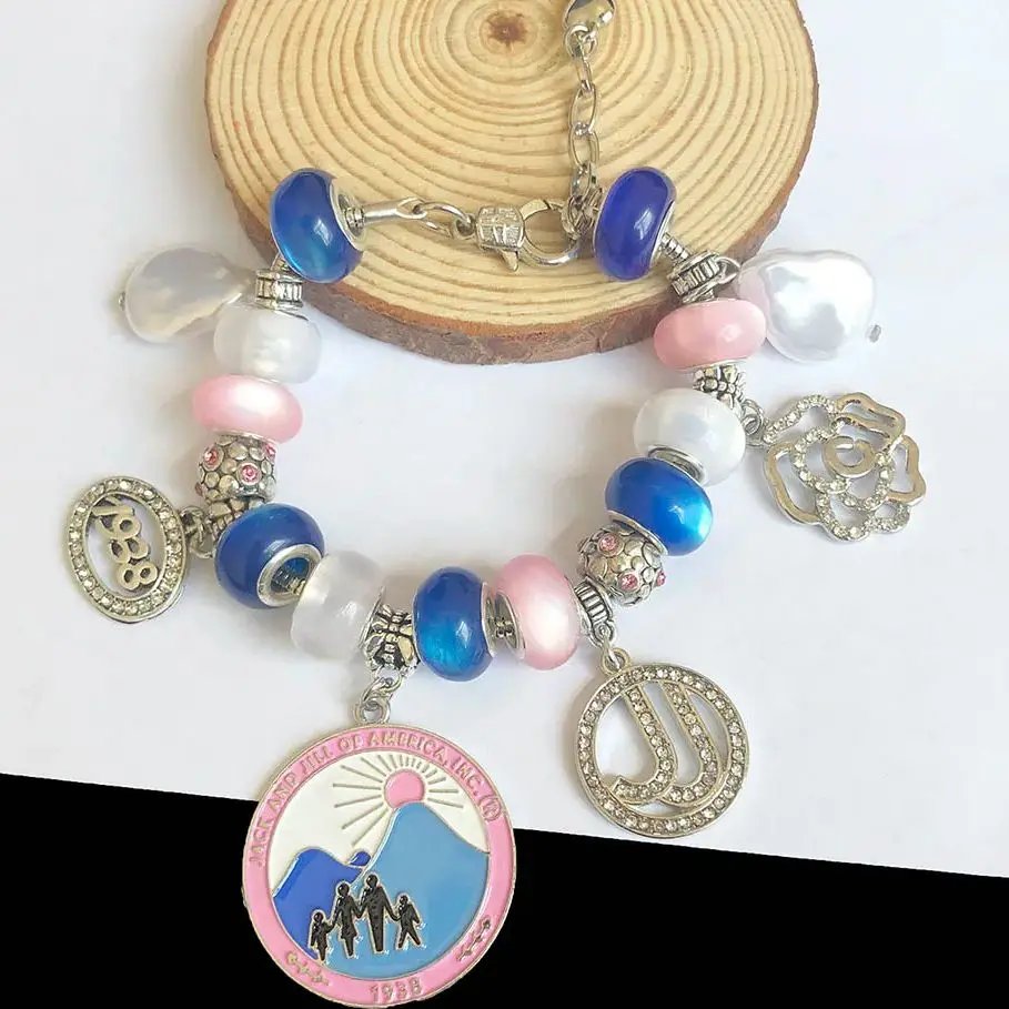 Handmade Pink Blue Large Hole Beads Jack&Jill Women\\\'s Club 1938 Charm Bracelet Jewelry