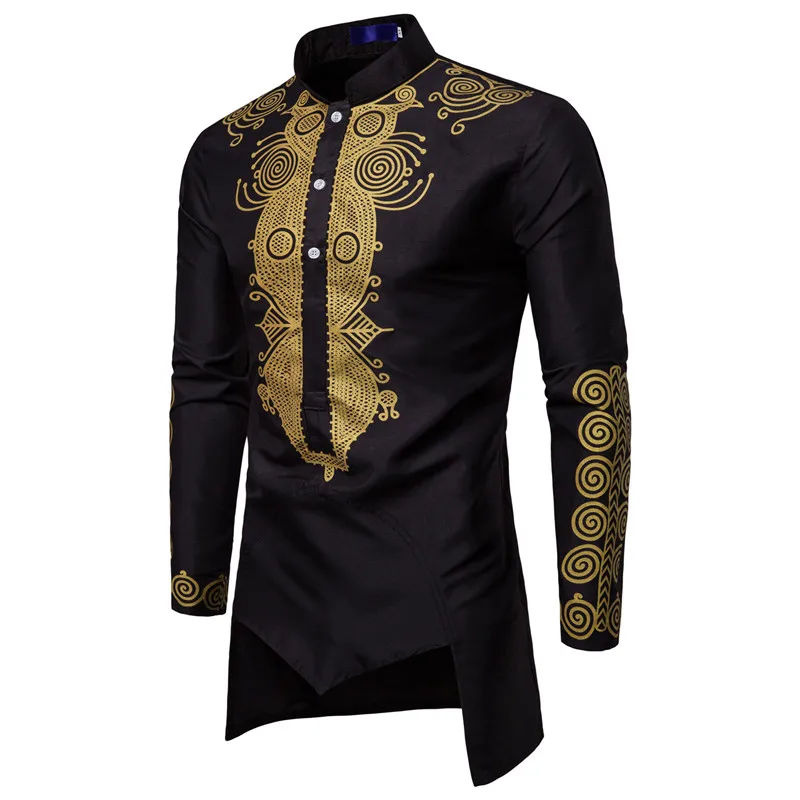 Mid Length Men\'s Shirt Muslim Men\'s Clothing Gilded Printed Standing Collar White Shirt