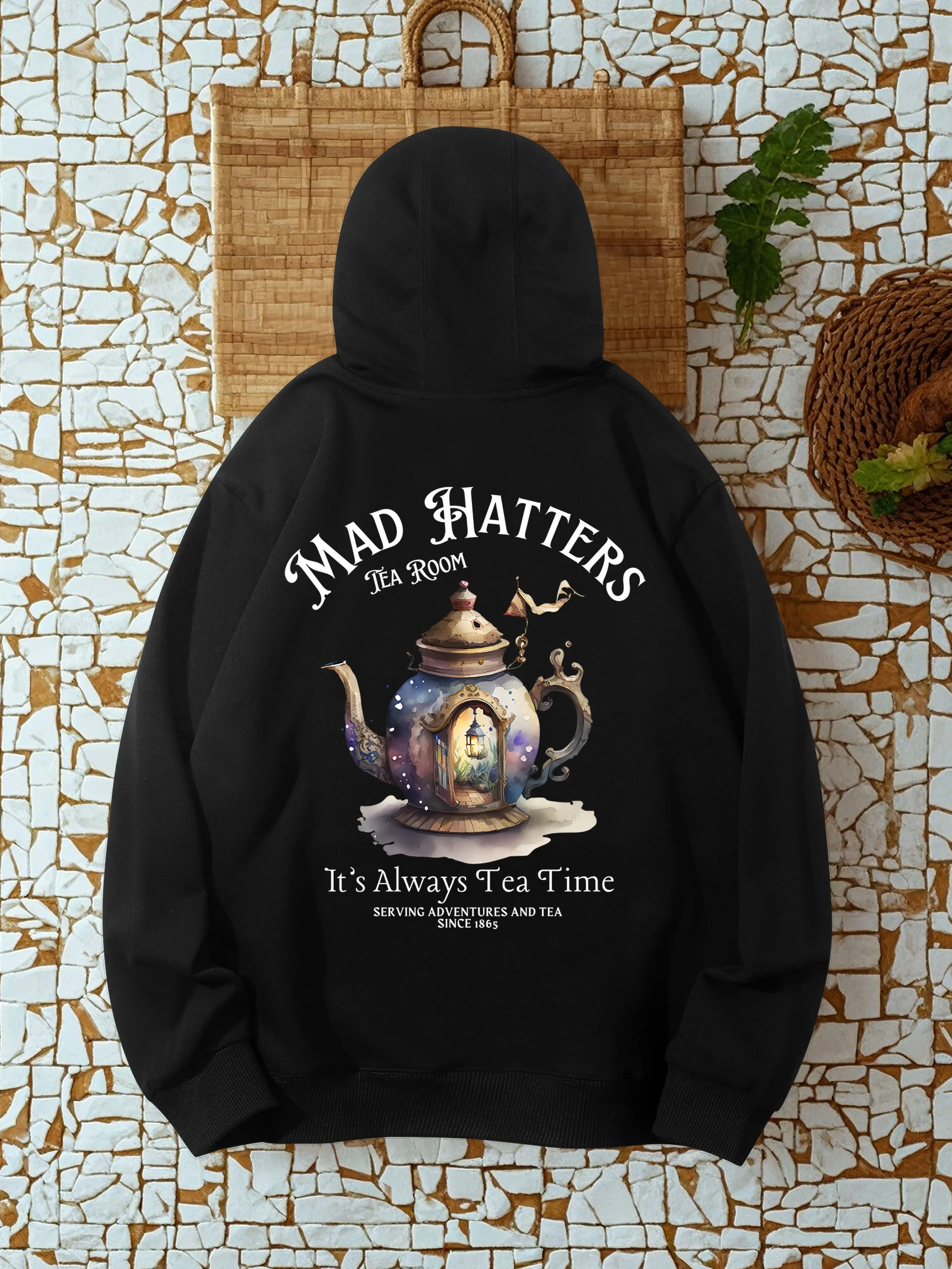 سترة بغطاء للرأس للرجال والنساء من Mad Hatters It's Always Tea Time - بأكمام طويلة، قماش محبوك، فضفاضة، طباعة بنمط عصري، #1