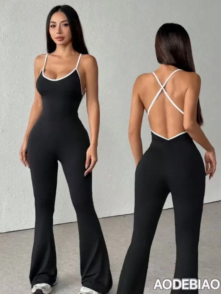 

Summer New Solid-Color Jumpsuit With Contrasting Details Fitted Top Flared Pants—Sexy Casual Backless Women's Jumpsuit Clothing