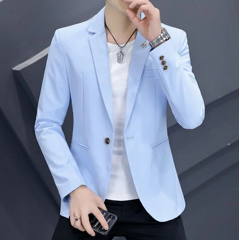 

Мужской корейский приталенный костюм 2026: белый, небесно-голубой, модный повседневный пиджак, стильный, для весны и осени, трендовый уличный стиль
