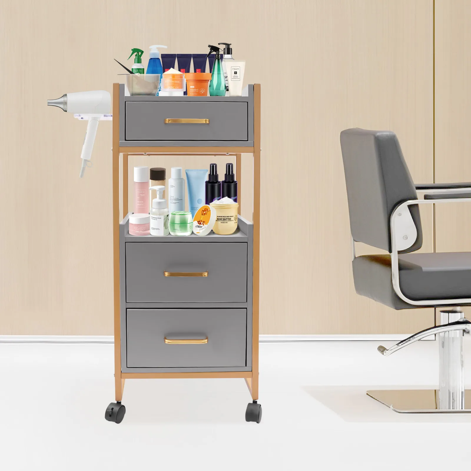 Salon Cart Barber Trolley, Barber Shop Tool Cabinet with Wheels, Salon Storage Trolley