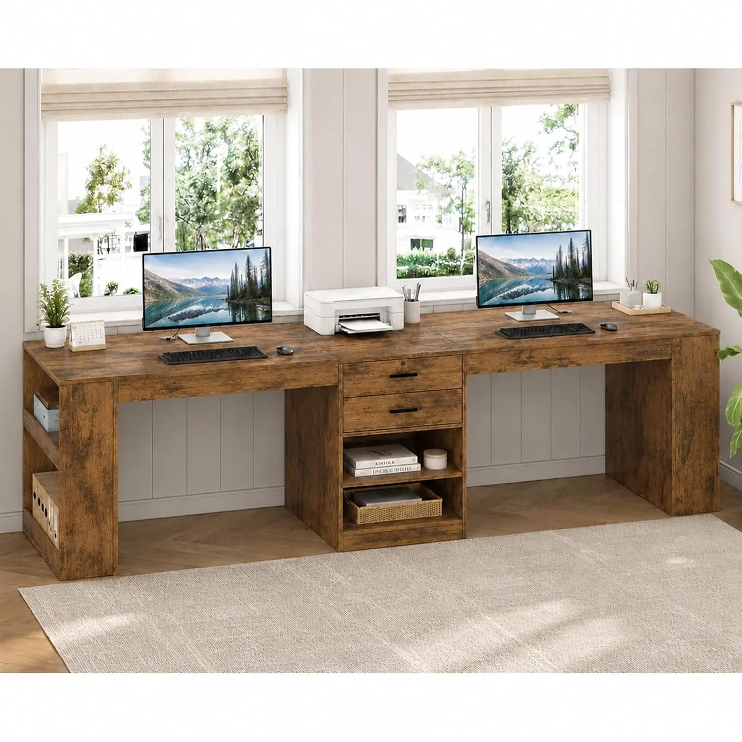 2 Person Extra Long Double Workstation Desk with Drawers & Storage Shelf Computer Desk for Home Office StudyCustomized