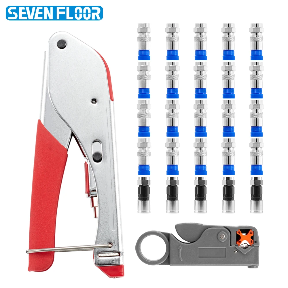 RG6 RG59 Coaxial Compression Tool Kit, Crimping Pliers 30pcs RG6 F Connectors&Stripper for CATV Satellite TV CCTV Installation