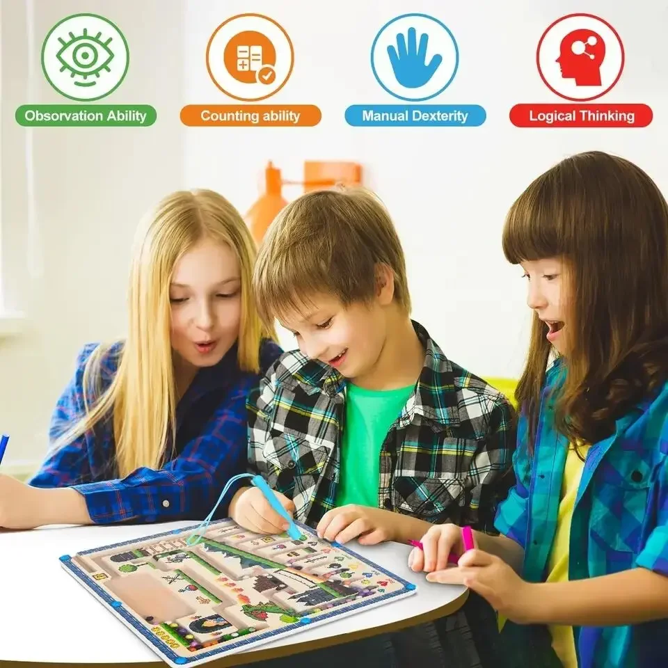 Kinder Holz Pilz Haus Magnetstift Labyrinth Spielzeug |   Passende Nummernfarbe, Perlen |   Focus Lernspielzeug