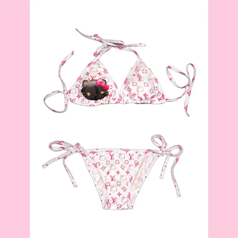 Sanrio Kawaii Hello Kitty Bikini Anime seksowna kreatywna moda wykwintna bielizna damska damska trzypunktowy zestaw biustonosza