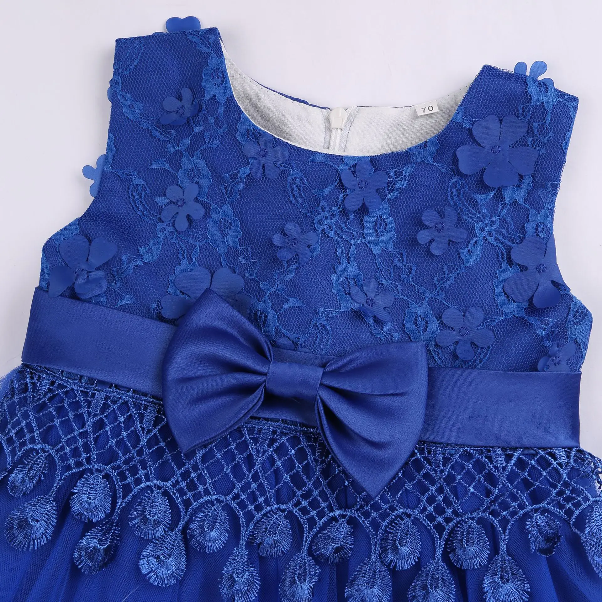 Vestido de renda azul malha roupas o-pescoço vestidos doces venda quente meninas festa laço sulco princesa tutu dresstop 1-3y