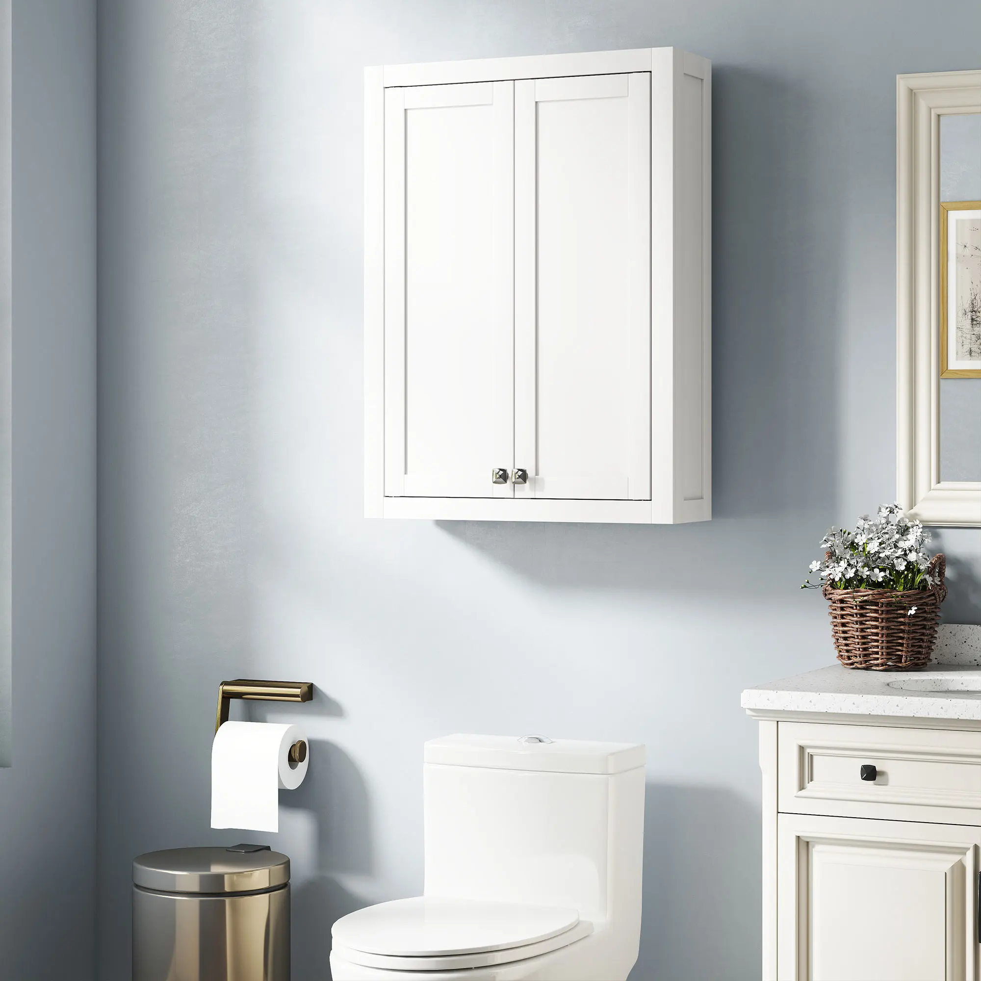 White Wall‑Mounted Storage Locker, Bathroom Wall Organizer with Double Recessed Panel Doors, Floating Wall Cabinet, Neat Concealed Storage, Multi‑purpose Home Furniture for Bathroom, Laundry Room, Entryway