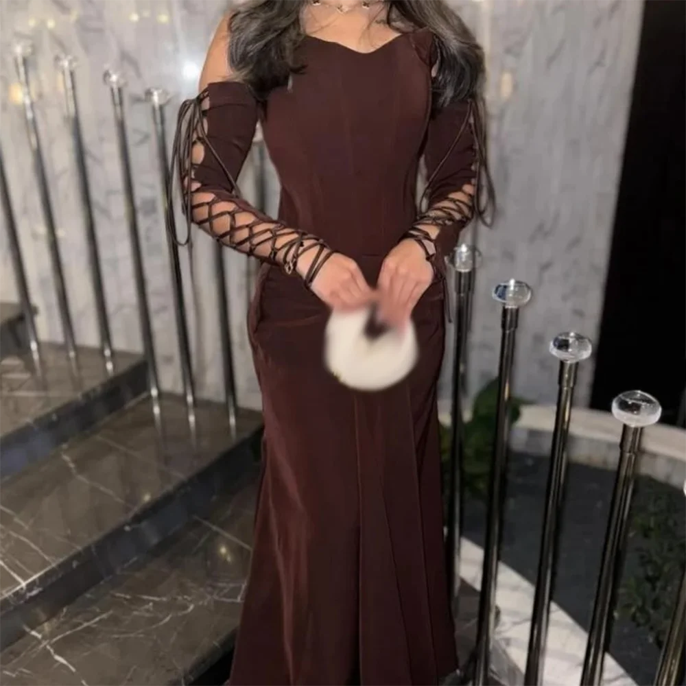 Customized A-Line Prom Dresses Ankle-Length V-Neck Full Sleeve Evening Gown Simple Draped Fashion Bow Lace-Up Party Dresses