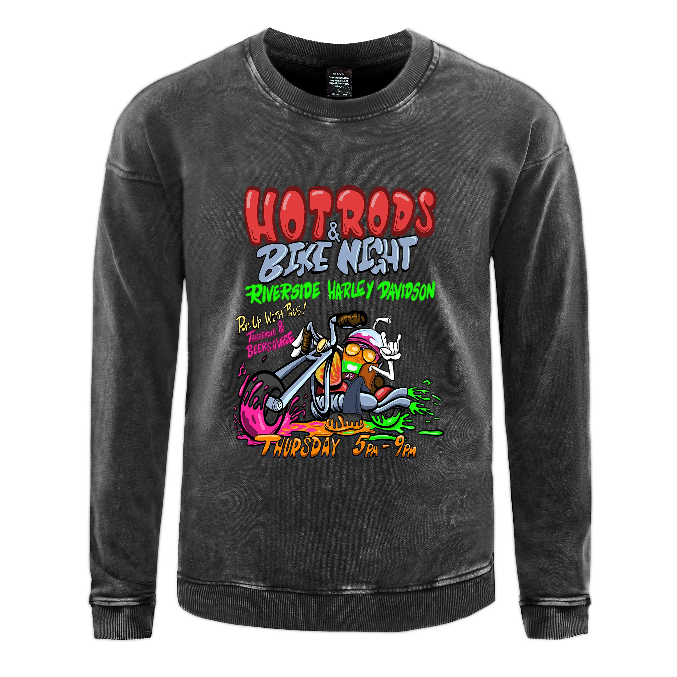 Oversize Men Woman Washed Sweatshirt Hot Rods Bike Night Printed Hoodie Autumn Crewneck Cotton Pullover Couple Acid Wash Tops