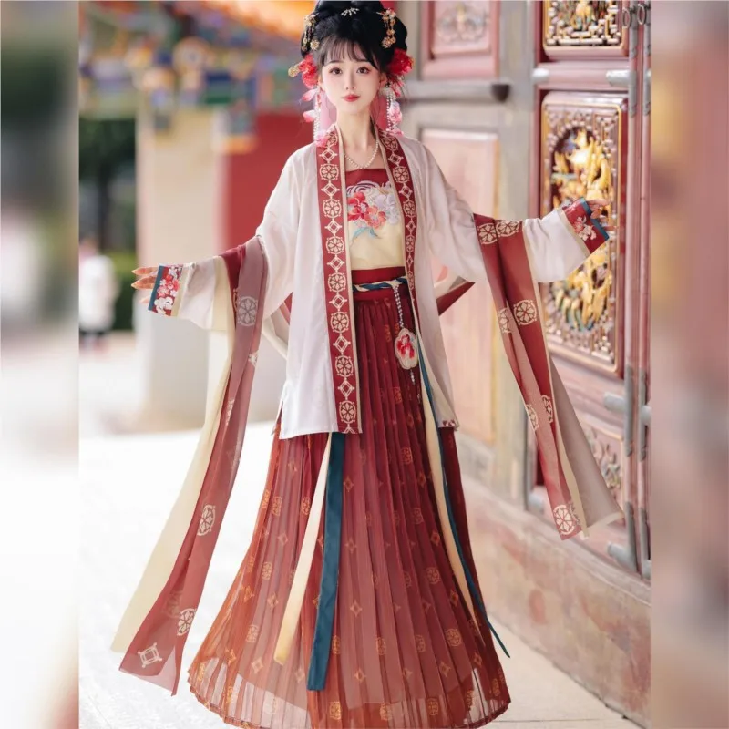 

Hanfu Rouged Lips Women's Han Chinese Clothing Song Embroidery Long Sleeved over-Dress Waist Pleated Skirt New