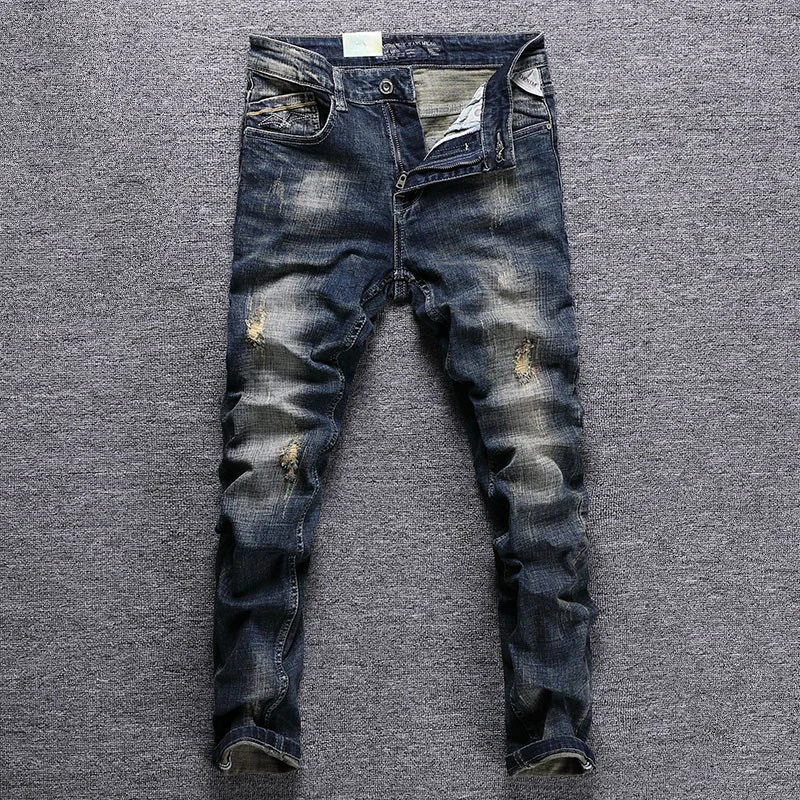 Jean en Denim déchiré pour hommes, Streetwear, mode rétro, noir, bleu, élastique, Slim, pantalon de styliste Vintage décontracté, broderie