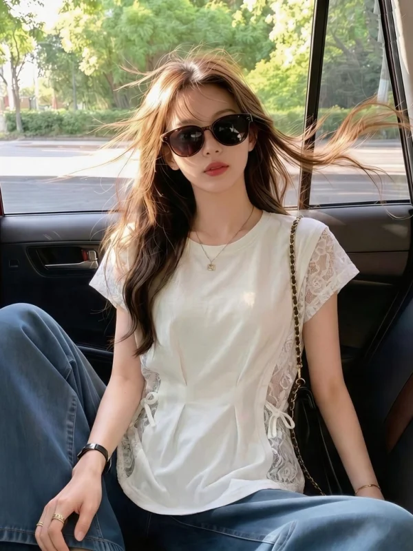 Elegant Lace Splice Short Sleeve T-Shirt Women's plus Size Slimming Top Shoulder Width Matching Summer New Style Commute Wind