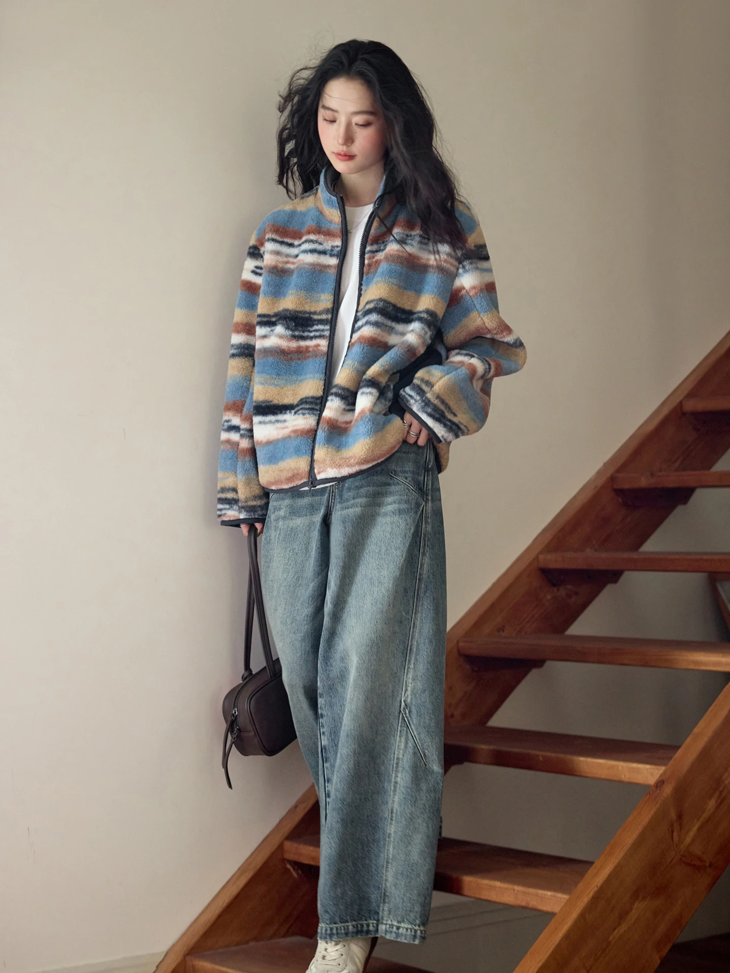 

Thiened Casual Stand Collar Women's Outerwear Amy Wine House Blue Polyester Fiber Winter Warm Coat Loose Fit Zipper