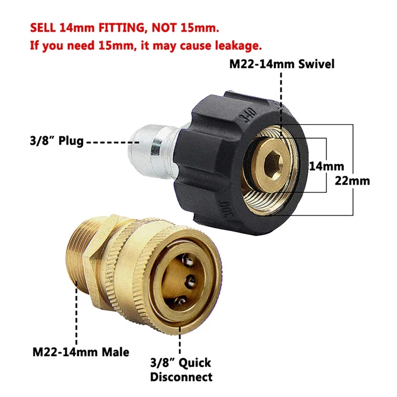 Pressure Washer Quick Connector Adapter Kit M22 14Mm X 3/8Inch Quick Disconnect Plug 5000PSI High Pressure Brass Fitting