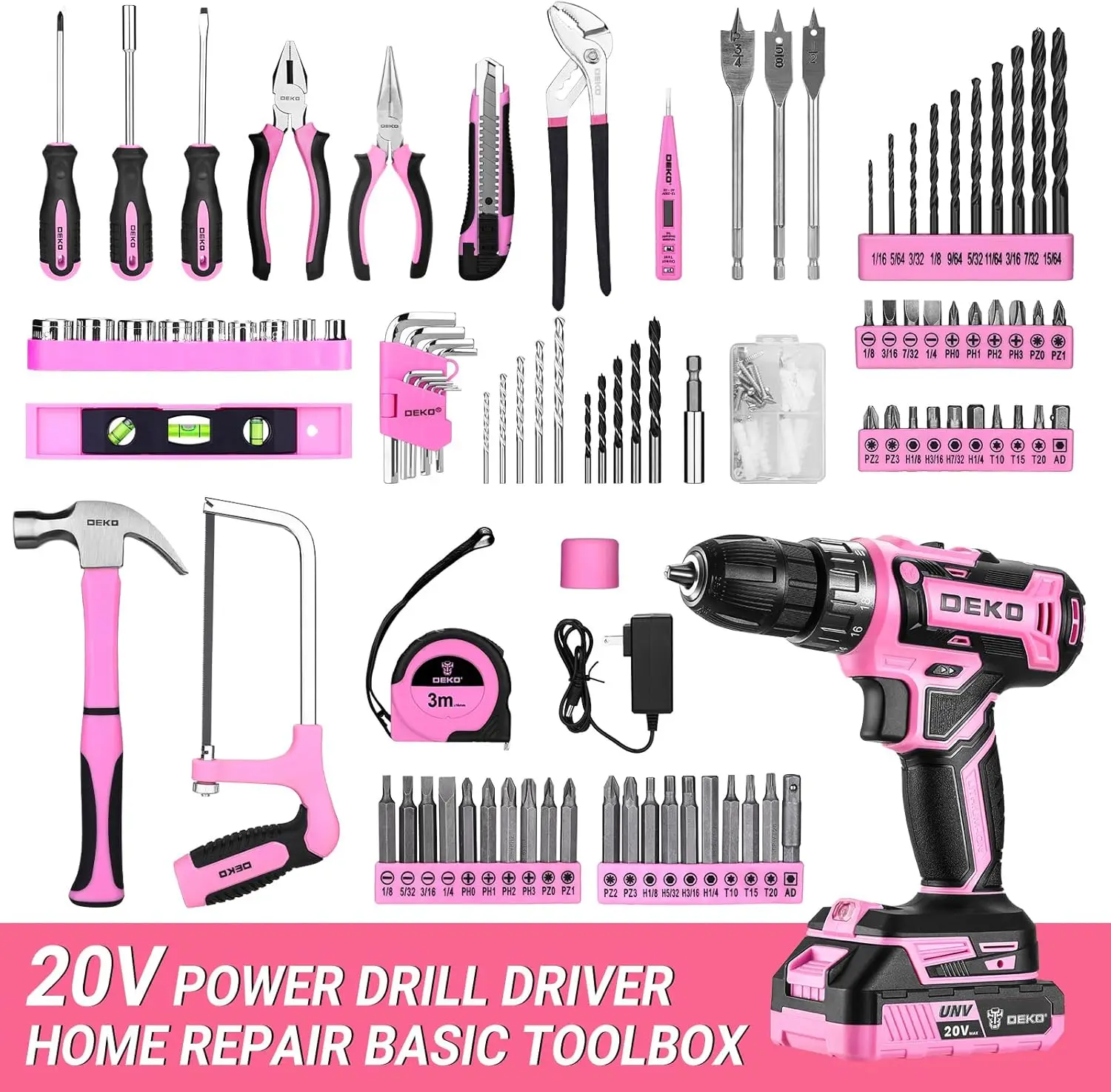 Pink Cordless Drill Kit: 20V Electric Tool Set with Battery & Storage Box