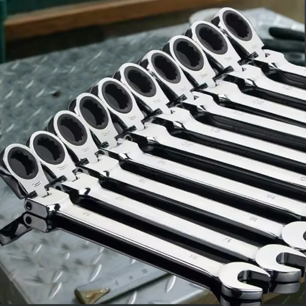 Ratchet Spanner Wrench Set Gear Ring Ratcheting Combination Wrench Kit Metric Flexible Head with Canvas Bag