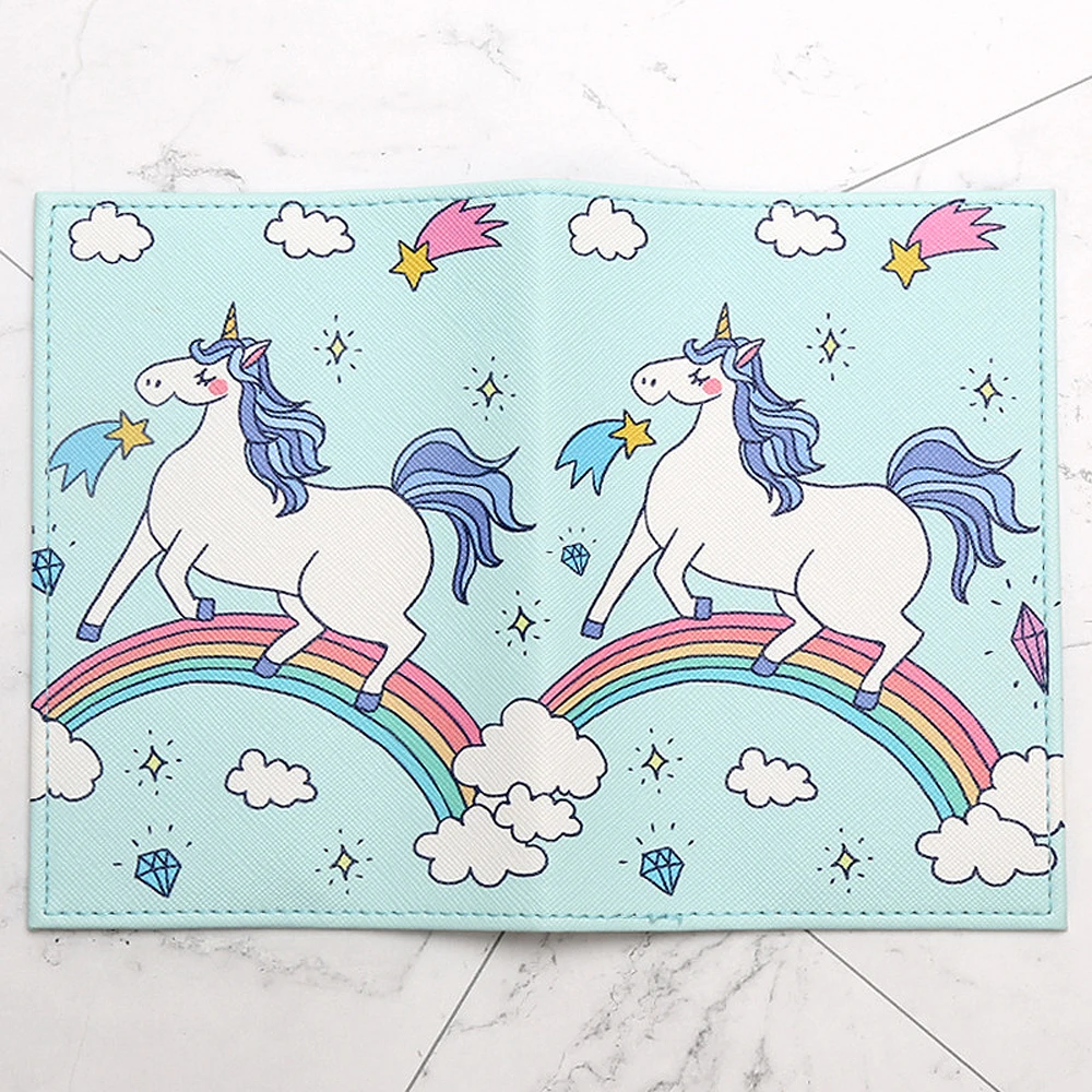 Funda de pasaporte de unicornio para mujer, accesorios de viaje, soporte de pasaporte fino, caballo arcoíris de dibujos animados, funda de pasaporte de cuero PU, lindo, nuevo