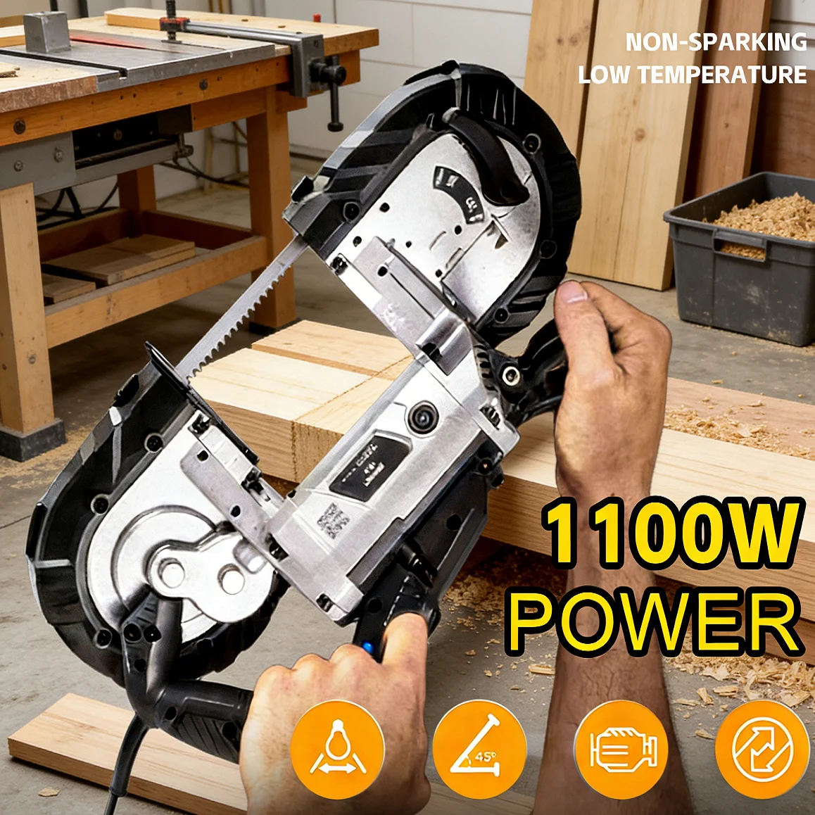 

Портативная небольшая ленточная пила 1100 Вт 220 В 0-45 ° Угловая ленточная пила со светодиодной подсветкой для металла, дерева, нержавеющей стали
