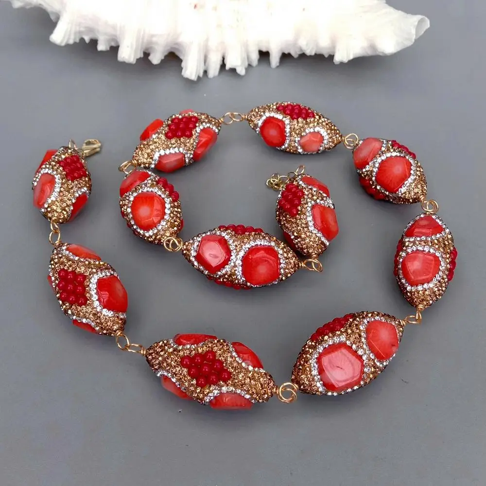 KKGEM 18x35mm Orange Red Coral Golden Crystal Pave Bead wrap Choker Necklace Fashionable Women