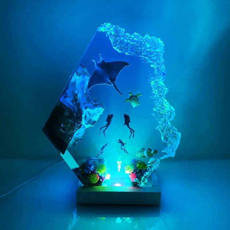 Hammerhead Shark Resin Night Light, Ocean Theme Wood Base Decor with Jellyfish, Christmas Birthday Gift
