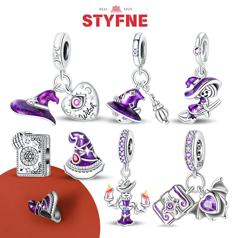 Silver 925 Purple Flying Witch Hat & Magic Book Charms Beads Fit Original Bracelets DIY Halloween Charm for Women Jewelry Gifts