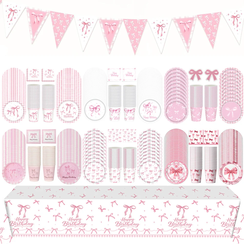 50pcs Pink Bow Birthday Party Cutlery Set Include Paper Plates Cups Napkins Bow Theme Tableware for Girls Bachelorette Decors